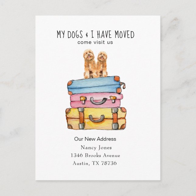 2 cute Golden Doodle dog moving announcement Postcard (Front)
