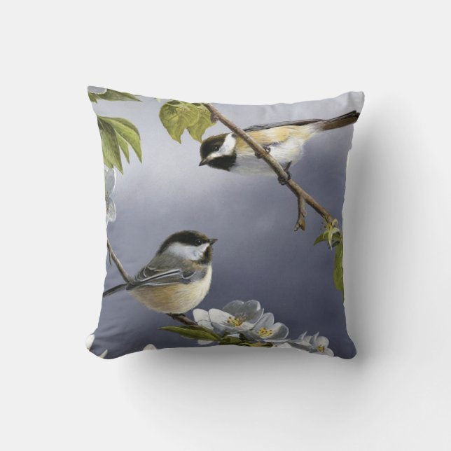 2 Cute Little Birds in a Tree Fine Art Throw Pillow (Front)
