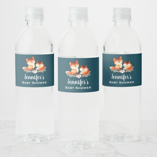 2 Cute Little Red Foxes Baby Shower  Water Bottle Label