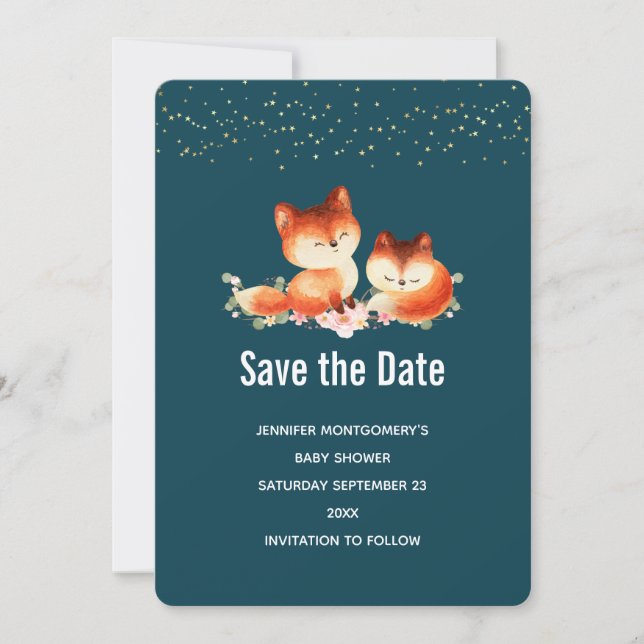 2 Cute Little Red Foxes Save The Date (Front)