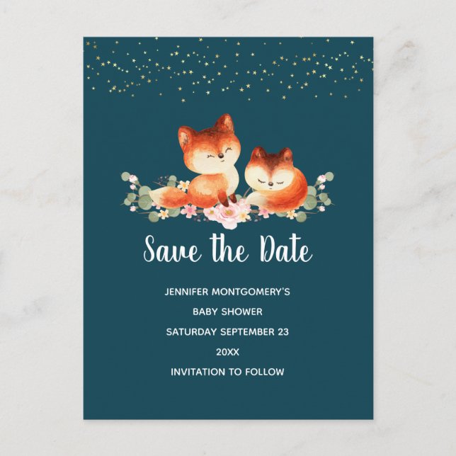 2 Cute Little Red Foxes Save the Date Invitation Postcard (Front)