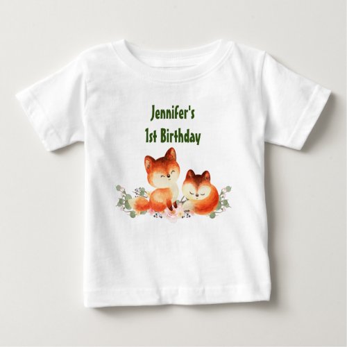 2 Cute Little Red Foxes Watercolor 1st Birthday Baby T_Shirt