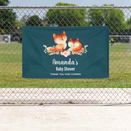 2 Cute Little Red Foxes Watercolor Baby Shower Banner