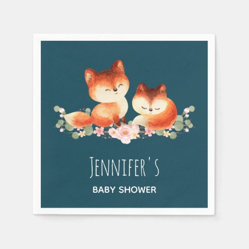 2 Cute Little Red Foxes Watercolor Baby Shower Napkins