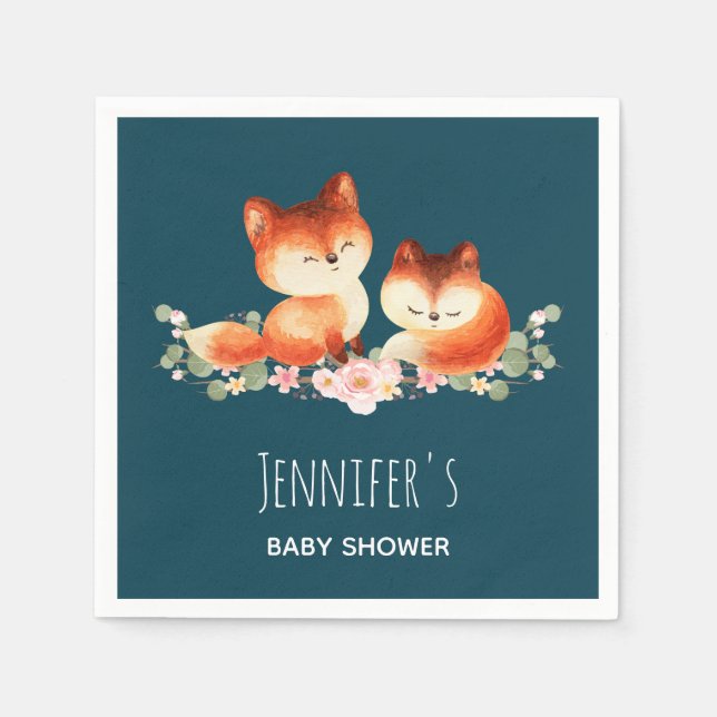 2 Cute Little Red Foxes Watercolor Baby Shower Napkins (Front)
