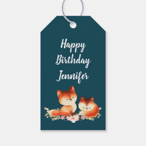 2 Cute Little Red Foxes Watercolor Birthday Gift Tags