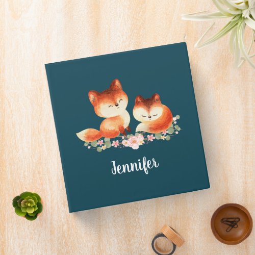 2 Cute Little Red Foxes Watercolor Design 3 Ring Binder