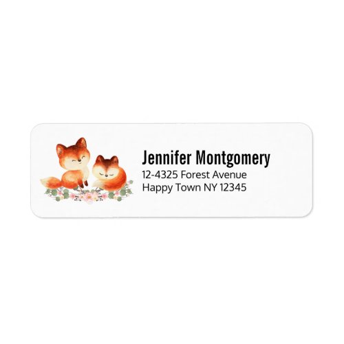 2 Cute Little Red Foxes Watercolor Design Address Label