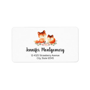 2 Cute Little Red Foxes Watercolor Design Address Label