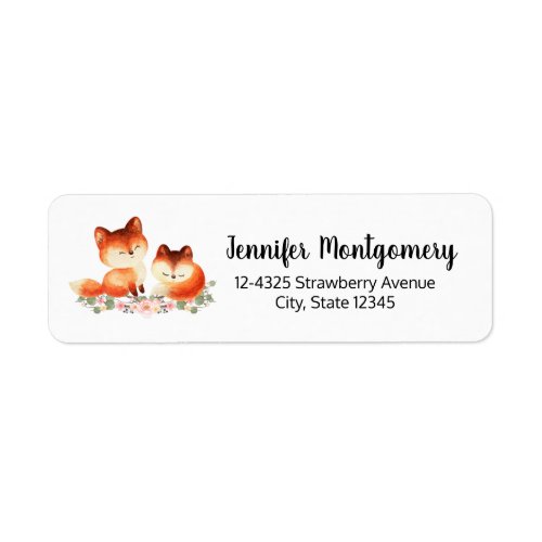 2 Cute Little Red Foxes Watercolor Design Address Label