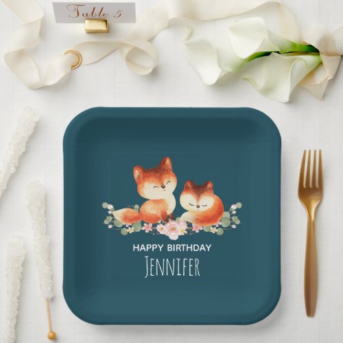 2 Cute Little Red Foxes Watercolor Design Birthday Paper Plates