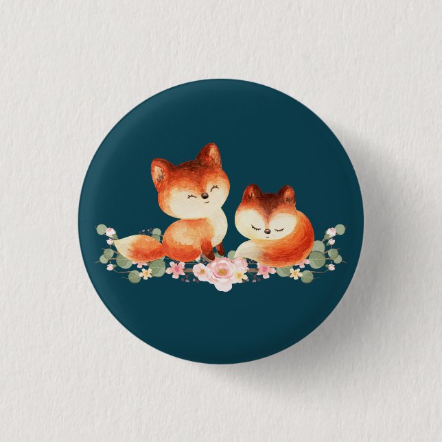 2 Cute Little Red Foxes Watercolor Design Button (Front)
