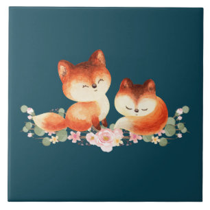 2 Cute Little Red Foxes Watercolor Design Ceramic Tile