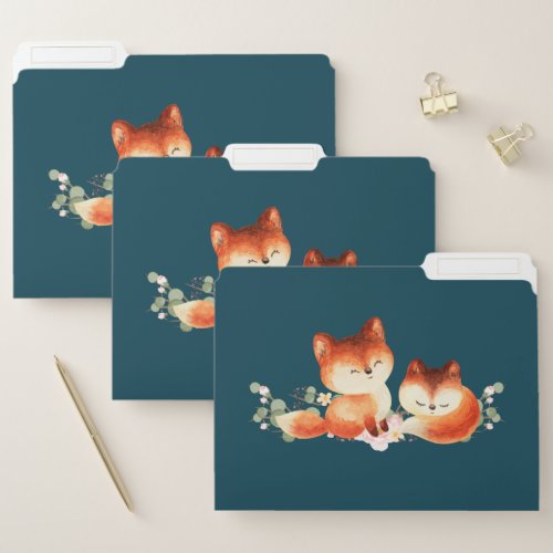 2 Cute Little Red Foxes Watercolor Design File Folder