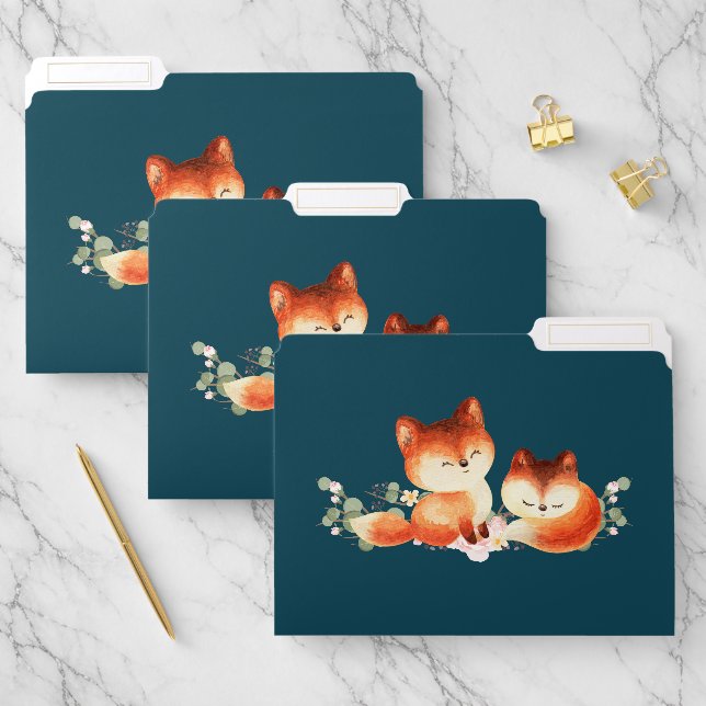 2 Cute Little Red Foxes Watercolor Design File Folder (Set)