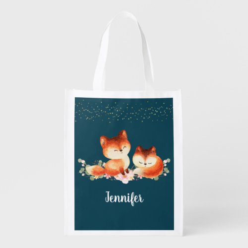 2 Cute Little Red Foxes Watercolor Design Grocery Bag