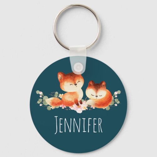  2 Cute Little Red Foxes Watercolor Design Keychain