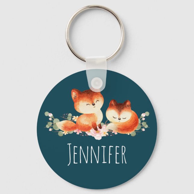  2 Cute Little Red Foxes Watercolor Design Keychain (Front)
