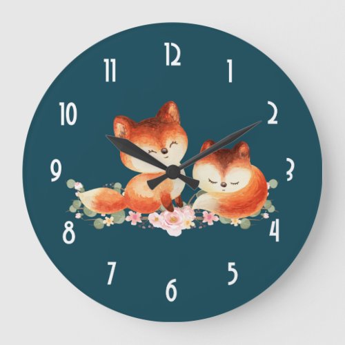 2 Cute Little Red Foxes Watercolor Design Large Clock