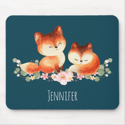  2 Cute Little Red Foxes Watercolor Design Mouse Pad