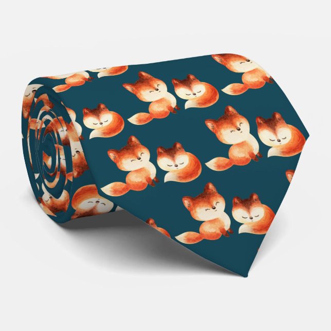 2 Cute Little Red Foxes Watercolor Design Neck Tie (Rolled)