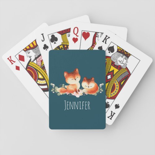 2 Cute Little Red Foxes Watercolor Design Playing Cards