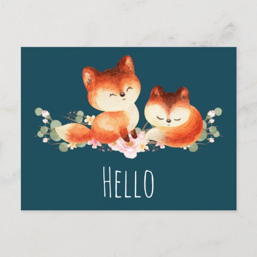 2 Cute Little Red Foxes Watercolor Design Postcard