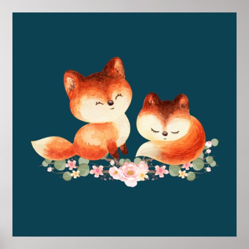 2 Cute Little Red Foxes Watercolor Design Poster