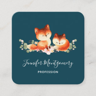 2 Cute Little Red Foxes Watercolor Design Square Business Card