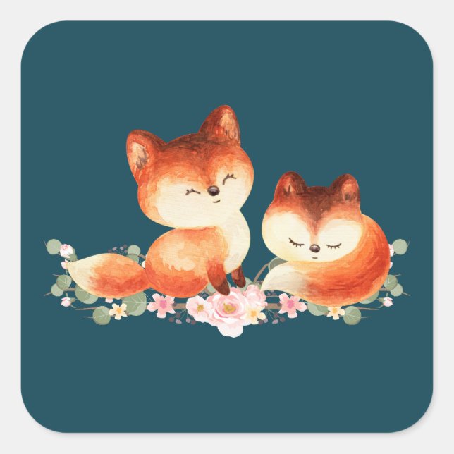2 Cute Little Red Foxes Watercolor Design Square Sticker (Front)