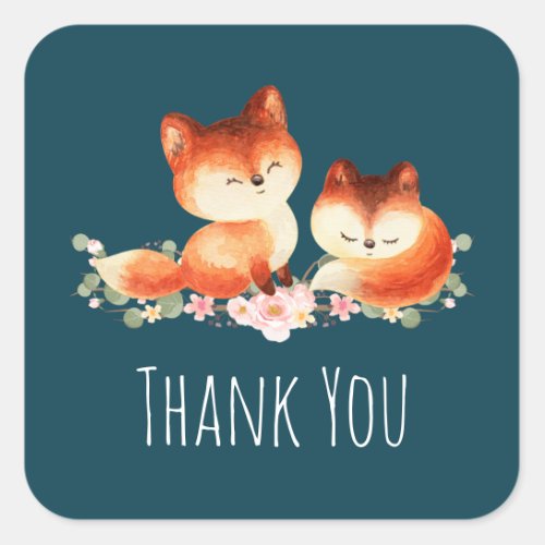 2 Cute Little Red Foxes Watercolor Design Square Sticker