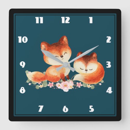 2 Cute Little Red Foxes Watercolor Design Square Wall Clock