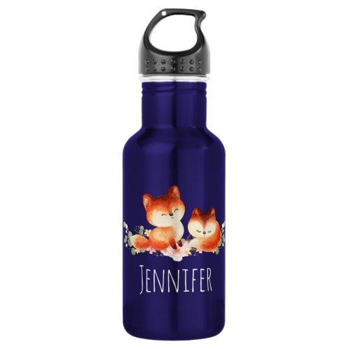 2 Cute Little Red Foxes Watercolor Design Stainless Steel Water Bottle