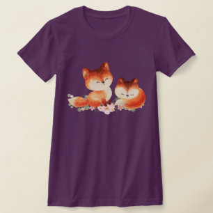 2 Cute Little Red Foxes Watercolor Design T-Shirt