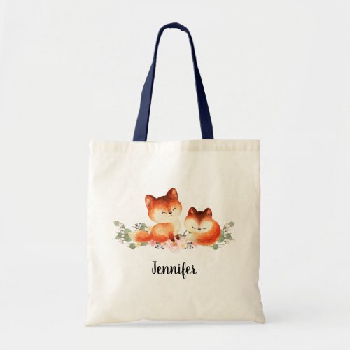 2 Cute Little Red Foxes Watercolor Design Tote Bag