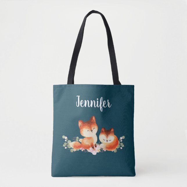 2 Cute Little Red Foxes Watercolor Design Tote Bag (Front)