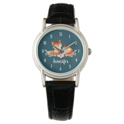 2 Cute Little Red Foxes Watercolor Design Watch