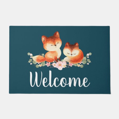  2 Cute Little Red Foxes Watercolor Design Welcome Doormat