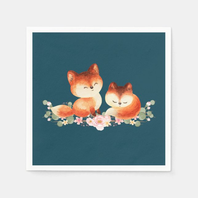 2 Cute Little Red Foxes Watercolor Napkins (Front)