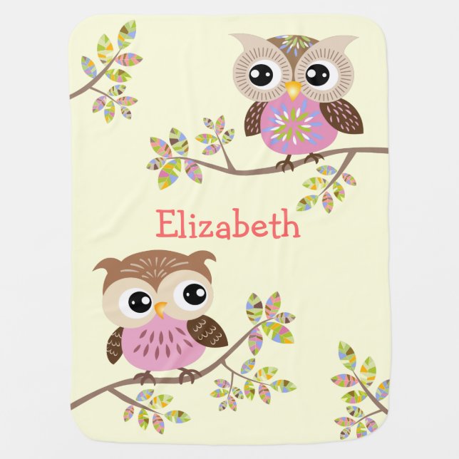 2 Cute Owls on Colorful Branches Baby Blanket (Front)
