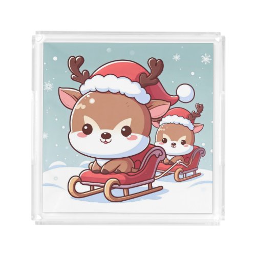 2 cute reindeer in a sleigh illustration acrylic tray
