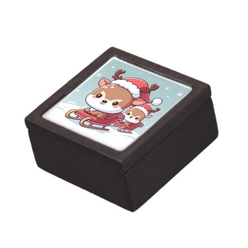 2 cute reindeer in a sleigh illustration gift box