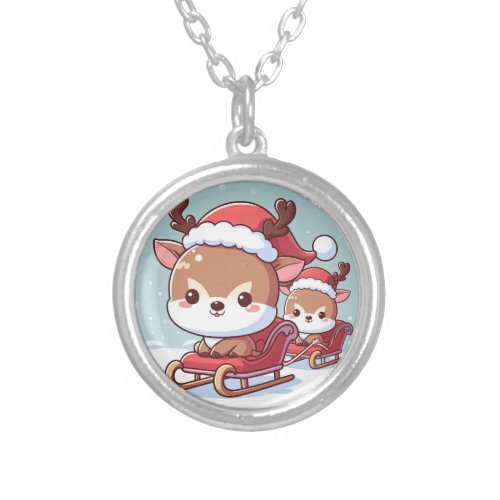 2 cute reindeer in a sleigh illustration silver plated necklace