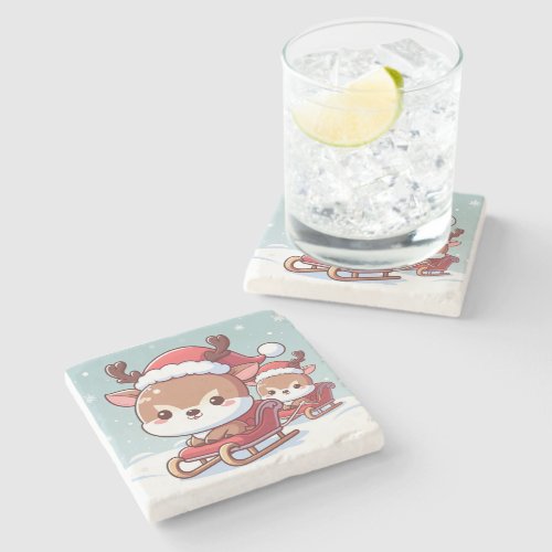 2 cute reindeer in a sleigh illustration stone coaster