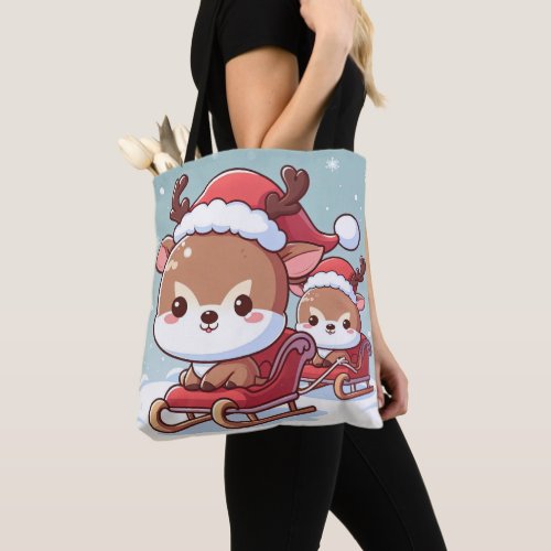 2 cute reindeer in a sleigh illustration tote bag