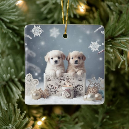 2 cute white puppies in a Christmas decor Ceramic Ornament