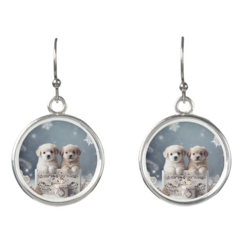 2 cute white puppies in a Christmas decor Earrings