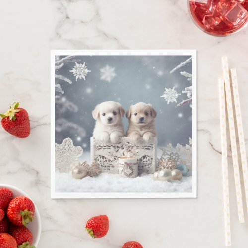 2 cute white puppies in a Christmas decor Napkins