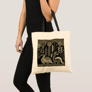 2 dinausors with dark forest tote bag