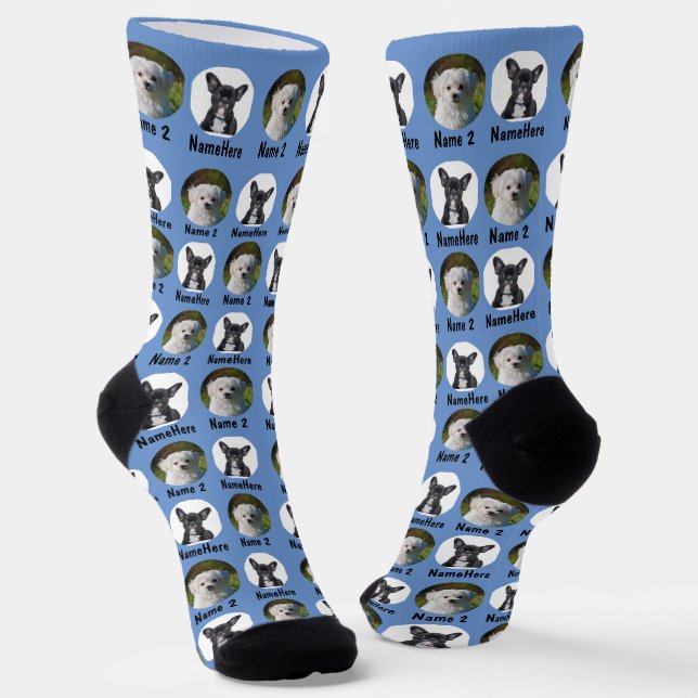 2 Dogs 2 Names Personalized Dog Photo Blue  Socks (Angled)